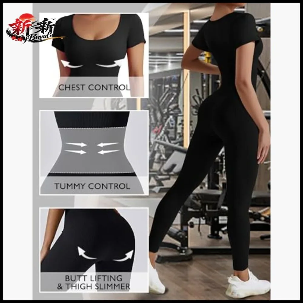 Seamless Jumpsuit Ribbed Workout Romper Nylon Spandex Short Sleeve
